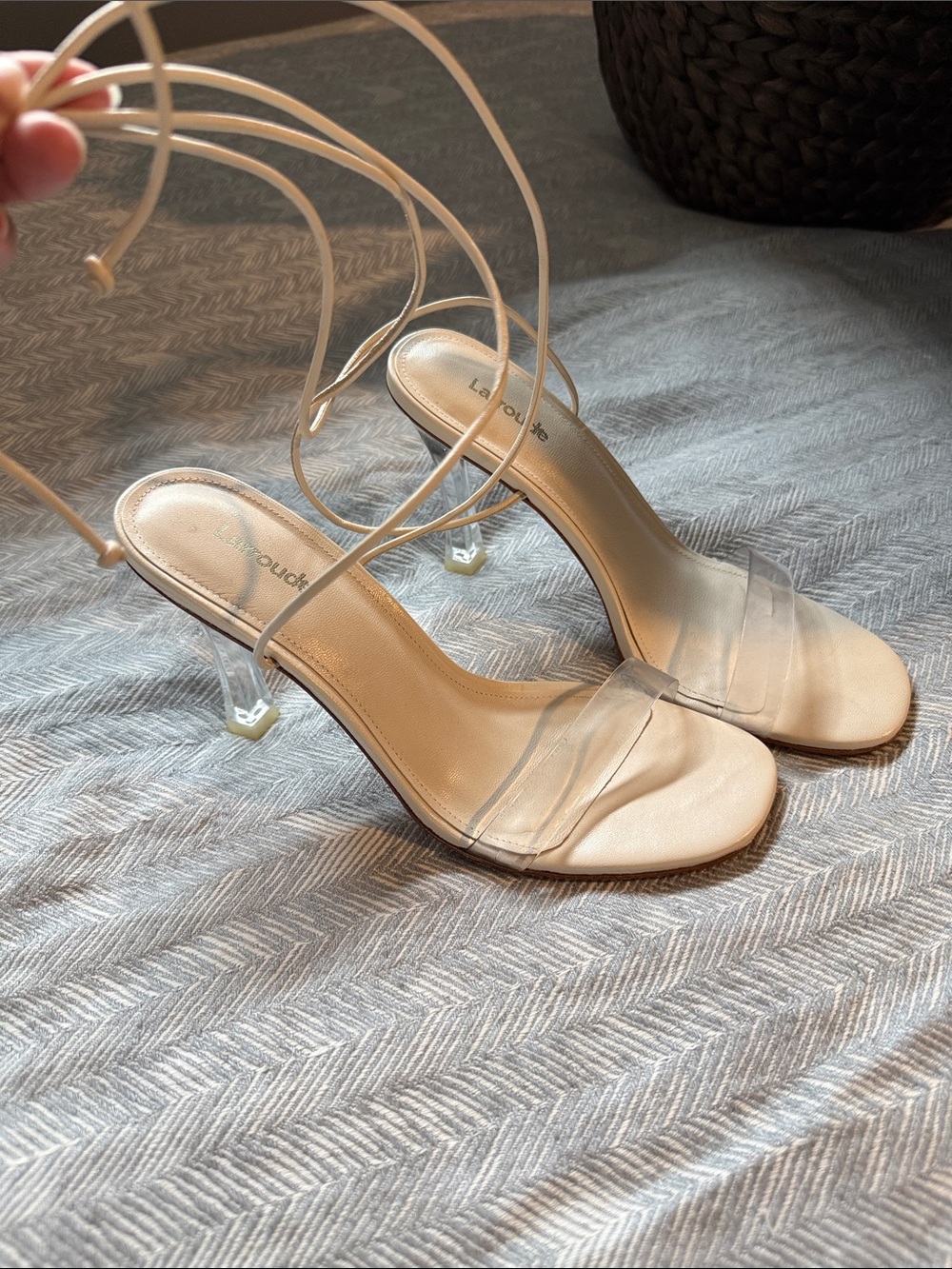 Larroude Clear-Strap Lace-Up Sandal in Beige